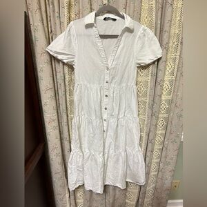 Zara White Linen Tiered Button Front Dress Short Sleeve Midi Size Small